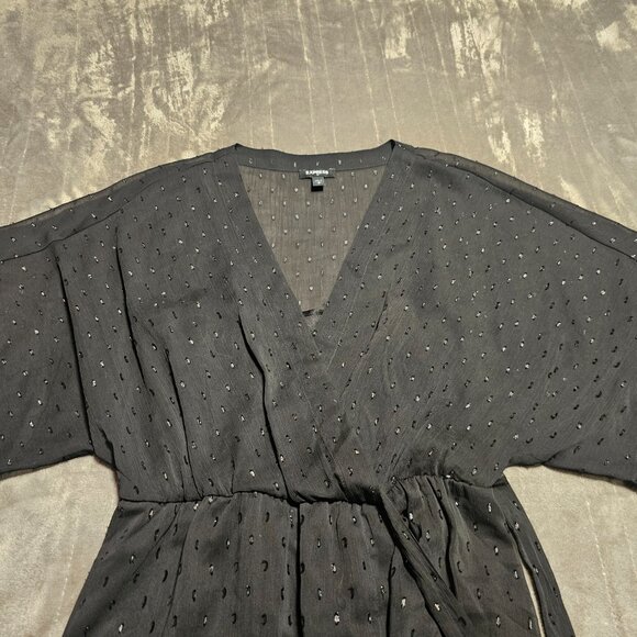 Express Black Sheer Chiffon Glitter Layered Wrap Wide Sleeve Belted Dress - Picture 4 of 8